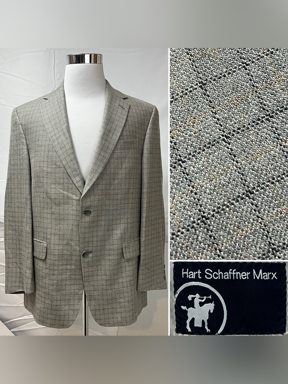 Men's Hart Schaffner Marx 42R Gray Plaid 2-Button Wool Blazer Jacket Sport Coat
